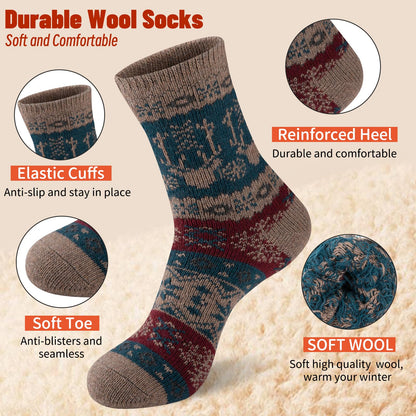 COOVAN Mens Warm Wool Socks Thermal Winter Thick Crew Socks Cold Weather Soft Cozy 5 Pairs