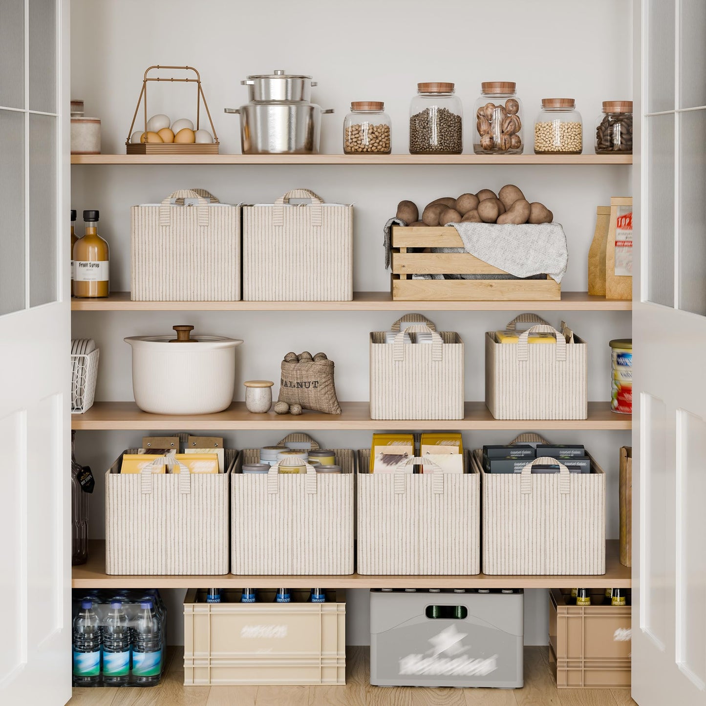 StorageWorks Storage Bins, Fabric Storage Bins for Shelves, Large Storage Baskets with Metal Frame, Closet Baskets and Bins with Handles, Khaki and Beige Stripes, 2-Pack