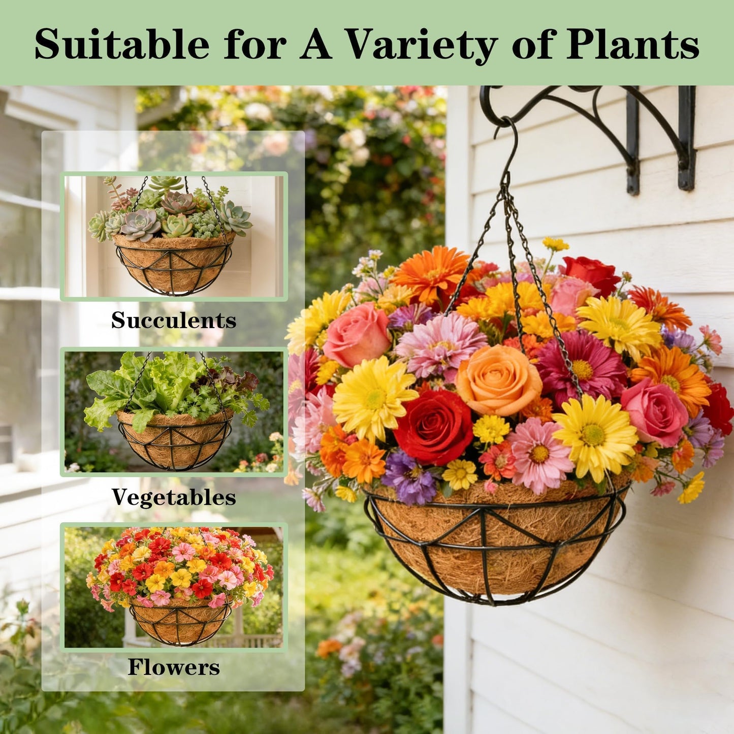 ZVOWOS 4 Pack 14 Inch Black Metal Hanging Planter Baskets with Coco Coir Liner Sturdy Hanging Flower Basket for Outdoor Indoor Garden Porch Patio Balcony Decor (Geometric)