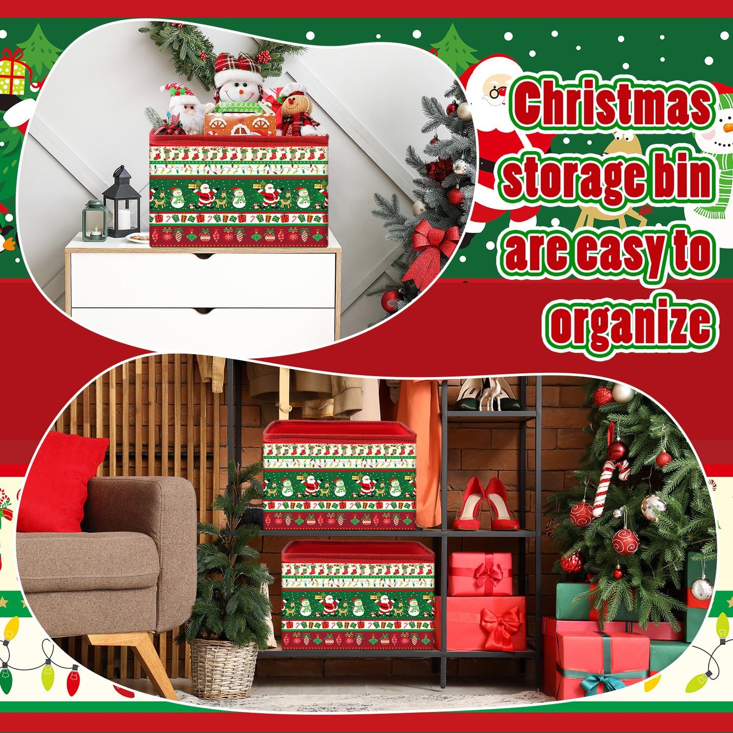 Acellegic 4 Pcs Large Christmas Storage Basket 15 x 10 x 9.5 Inch Foldable Christmas Storage Bins with Handles & Drawstring Lid Xmas Bins Cotton Laundry Organizer for Holiday Bedroom Home(Classic)