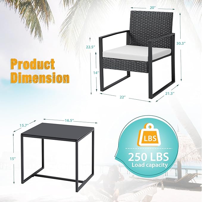 Flamaker 3 Pieces Patio Furniture Outdoor Wicker Modern Rattan Chair Conversation Sets with Coffee Table for Yard, Bistro(White)