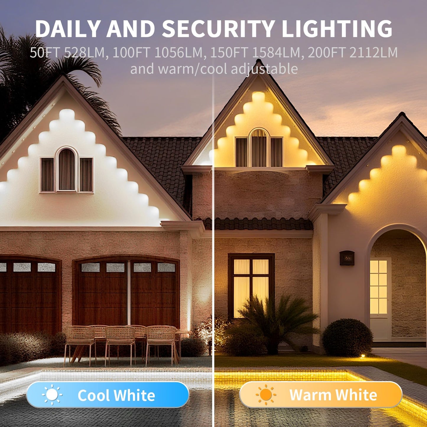 mw Permanent Outdoor Lights for House, 150ft RGB+IC Smart Outdoor Decor, 50+ Scene Modes, App/Remote Control, IP68 Waterproof, House Eave Lights for Christmas, Party Decorations