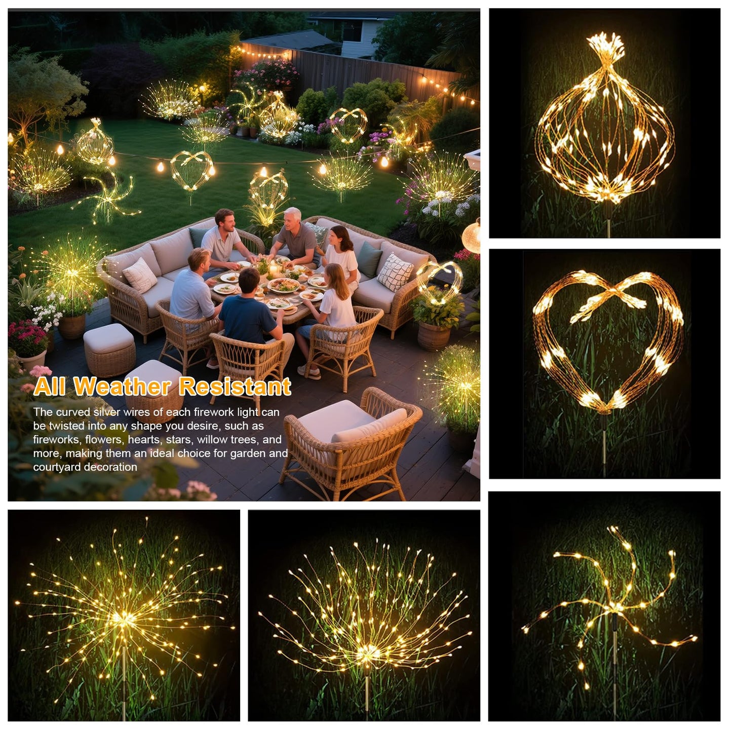 Aureate Horizon Solar Garden Firework Lights Outdoor Waterproof, 2 Pack Solar Lighting with 8 Lighting Modes, 120 LED Sparklers String Lights for Outside Decor Yard Pathway Decorations(Warm)