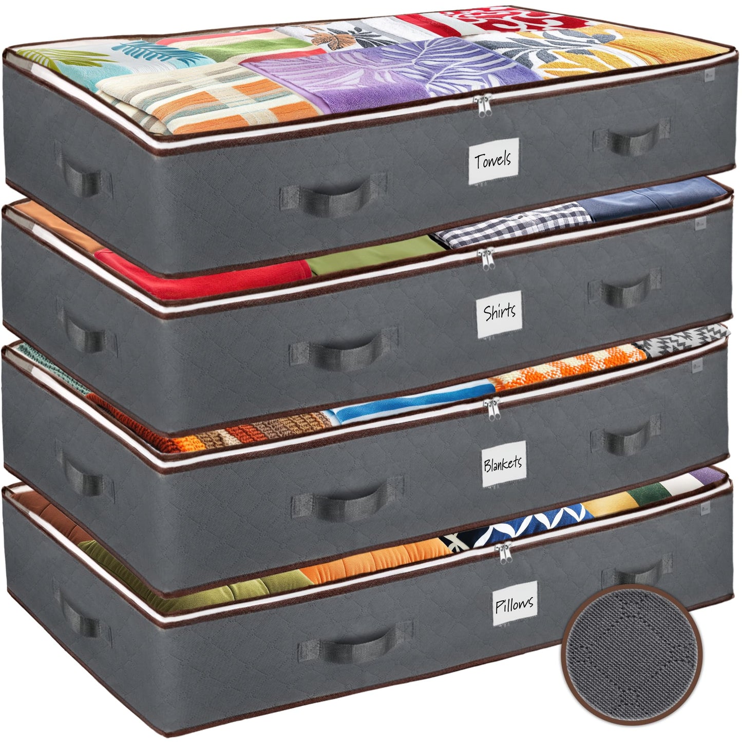 Under Bed Storage Bins - Pack Of 4 Under The Bed Storage Containers For Clothes, Blankets, Winter Clothing, & Shoes - Underbed Storage Containers With Handles, Dual Zippers, & Clear Top