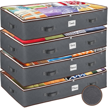 Under Bed Storage Bins - Pack Of 4 Under The Bed Storage Containers For Clothes, Blankets, Winter Clothing, & Shoes - Underbed Storage Containers With Handles, Dual Zippers, & Clear Top