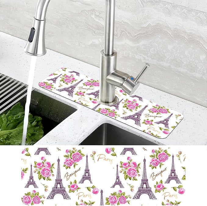 Romantic Eiffel Tower Roses Kitchen Sink Splash Guard Mat Absorbent Fast Drying