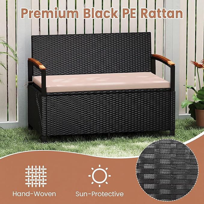 Tangkula 46 Gallon Outdoor Bench with Storage, Outdoor PE Rattan Storage Bench with Cushion, Backrest & Acacia Wood Armrests, Metal Frame, Waterproof Deck Box Seat for Porch Backyard Poolside