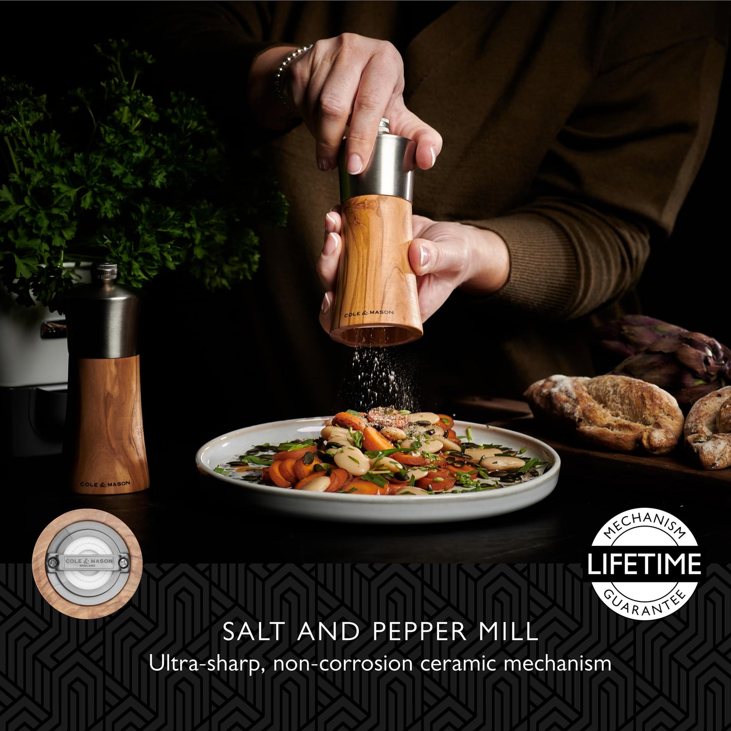 Cole & Mason Bromley Salt Mill, Ceramic Mechanism with Adjustable Coarseness, Olive Wood/Stainless Steel Salt Grinder, 150mm