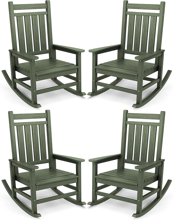 SERWALL Oversized Outdoor Rocking Chair Set of 4, HDPE Rocker for Adults, Patio Rocking Chairs for Porch, Avocado Green