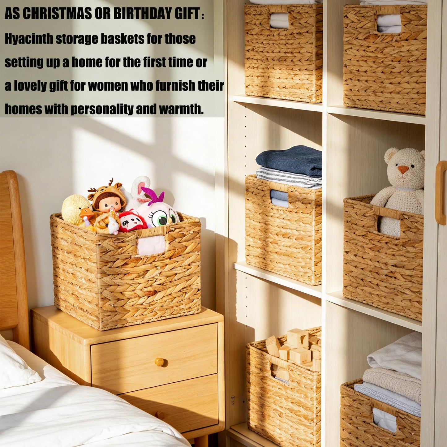 11x11in Storage Baskets 4 Pcs Square Baskets for Cube Shelf,Foldable Handwoven Water Hyacinth Storage Bins for Laundry Organizer