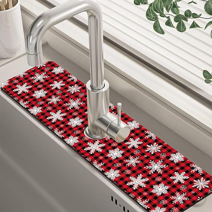 Christmas Snowflake Kitchen Sink Splash Guard Mat Buffalo Plaid Absorbent Fast