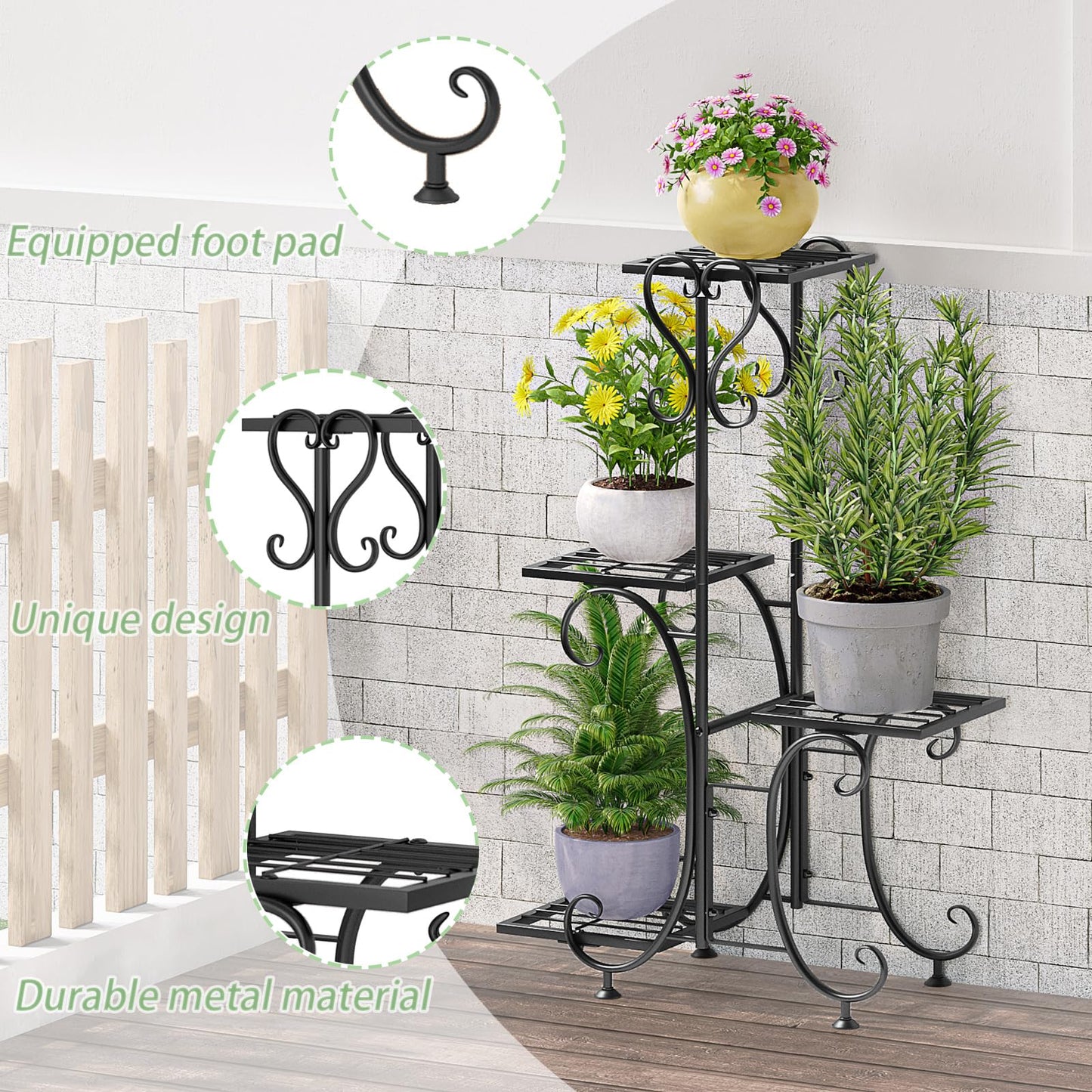 INGIORDAR Plant Stand Indoor Outdoor Shelf 4Tier Metal Holder Pot Rack Multiple Plants Stand Tall Flower Shelf Corner Living Room Garden,Black (Black, 4 Pots)