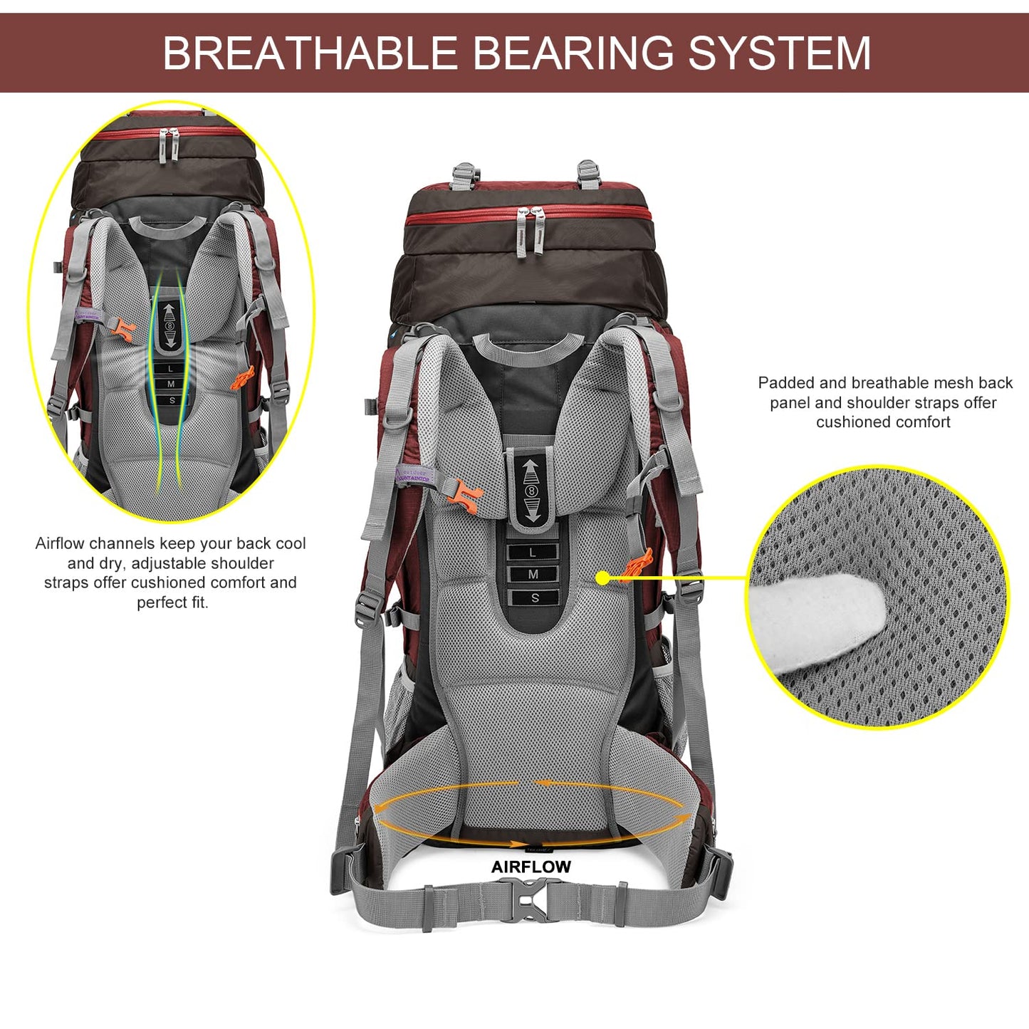 MOUNTAINTOP 80L Internal Frame Backpack for Man & Women Backpacking Hiking Backpack with Rain Cover,Maroon