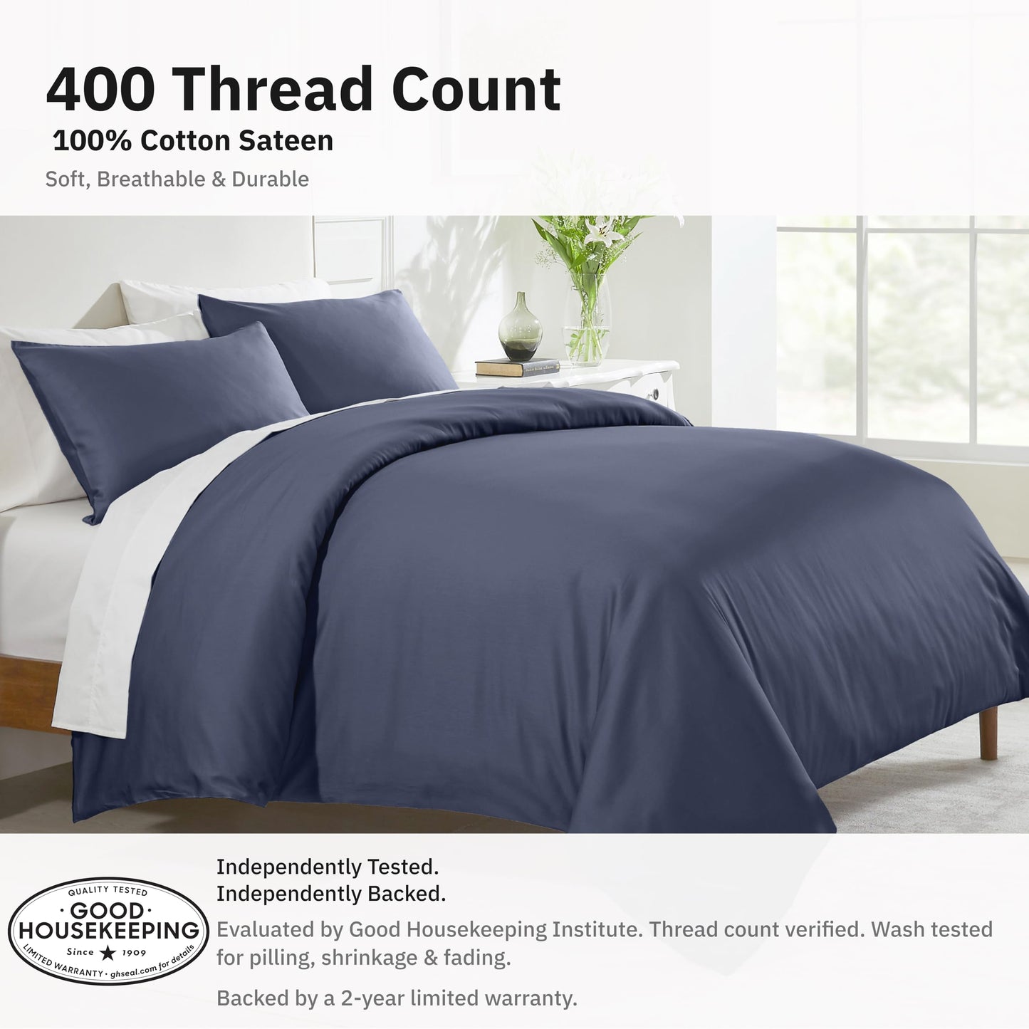 California Design Den 3 Pc King Duvet Cover Set - Winner Good Housekeeping Best Bedding Awards 2025, 400 Thread Count Sateen, 100% Cotton Duvet Cover, Button Closure, Corner Ties - Indigo Dusty Blue