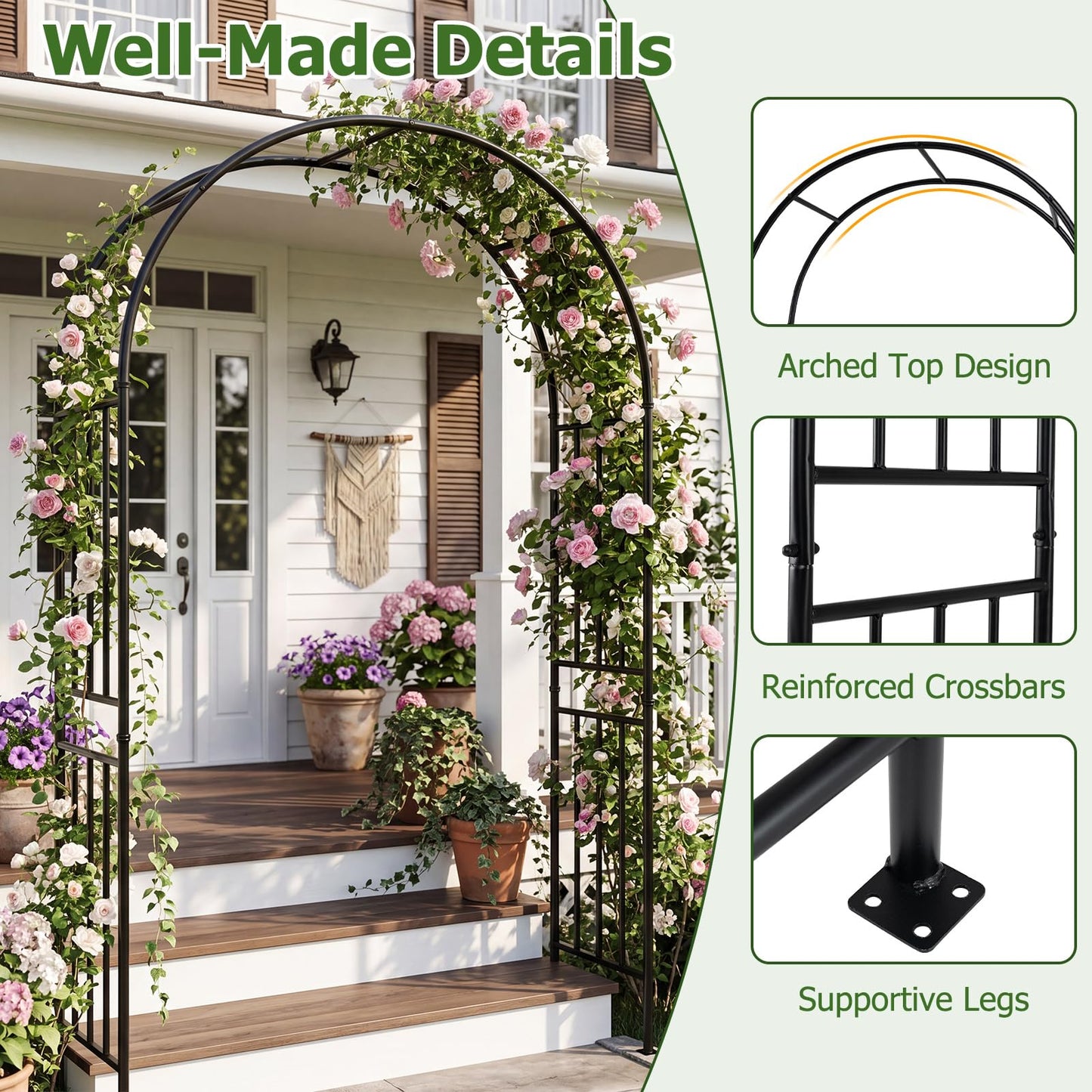 COSTWAY 7.2Ft Garden Arch Arbor Trellis for Climbing Plants, Metal Arch Frame Steel Arbor with 8 Stakes, Outdoor Archway for Wedding Bridal Party Lawn Decoration, Easy Assembly, Black (1)