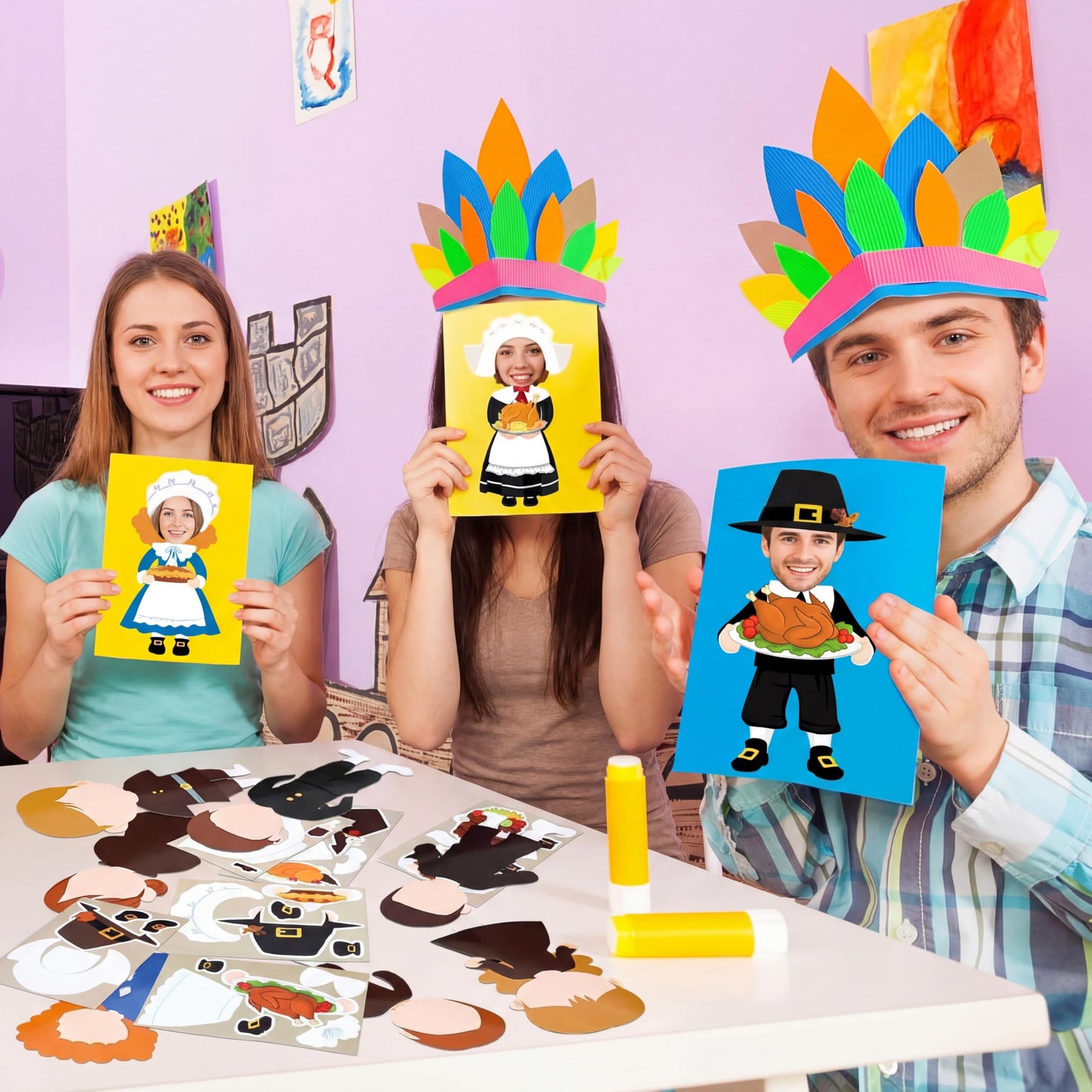 Qunclay 48 Sets Thanksgiving Pilgrim and Picture Frame Crafts Thanksgiving DIY Picture Frame Craft Kits Make Your Own Photo Kit Ornaments for Gift Supplies Home Activities Decor