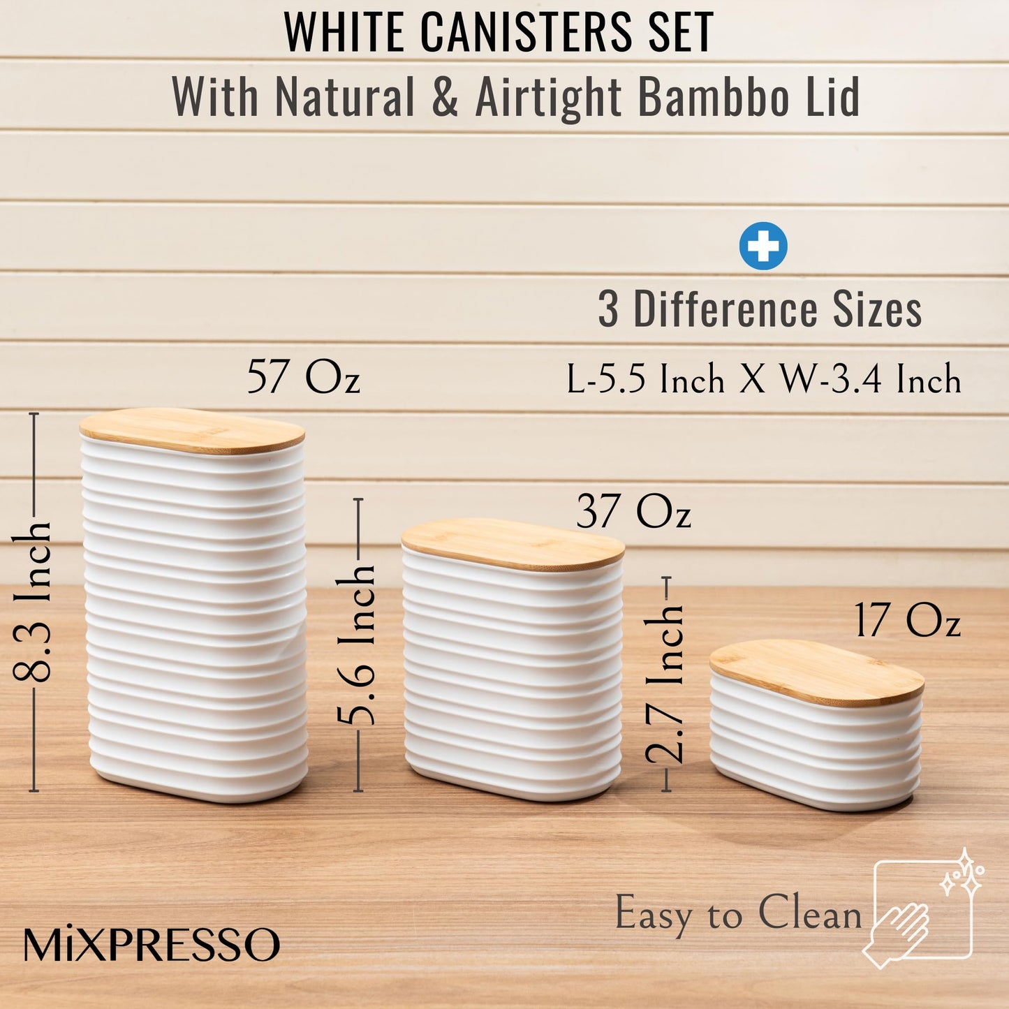 Mixpresso White Canisters Sets for the Kitchen – 3-Piece Airtight Plastic Sugar Container Set with Bamboo Lids in Three Different Sizes – Decorative Modern Storage Jars for Coffee, Tea & Countertops