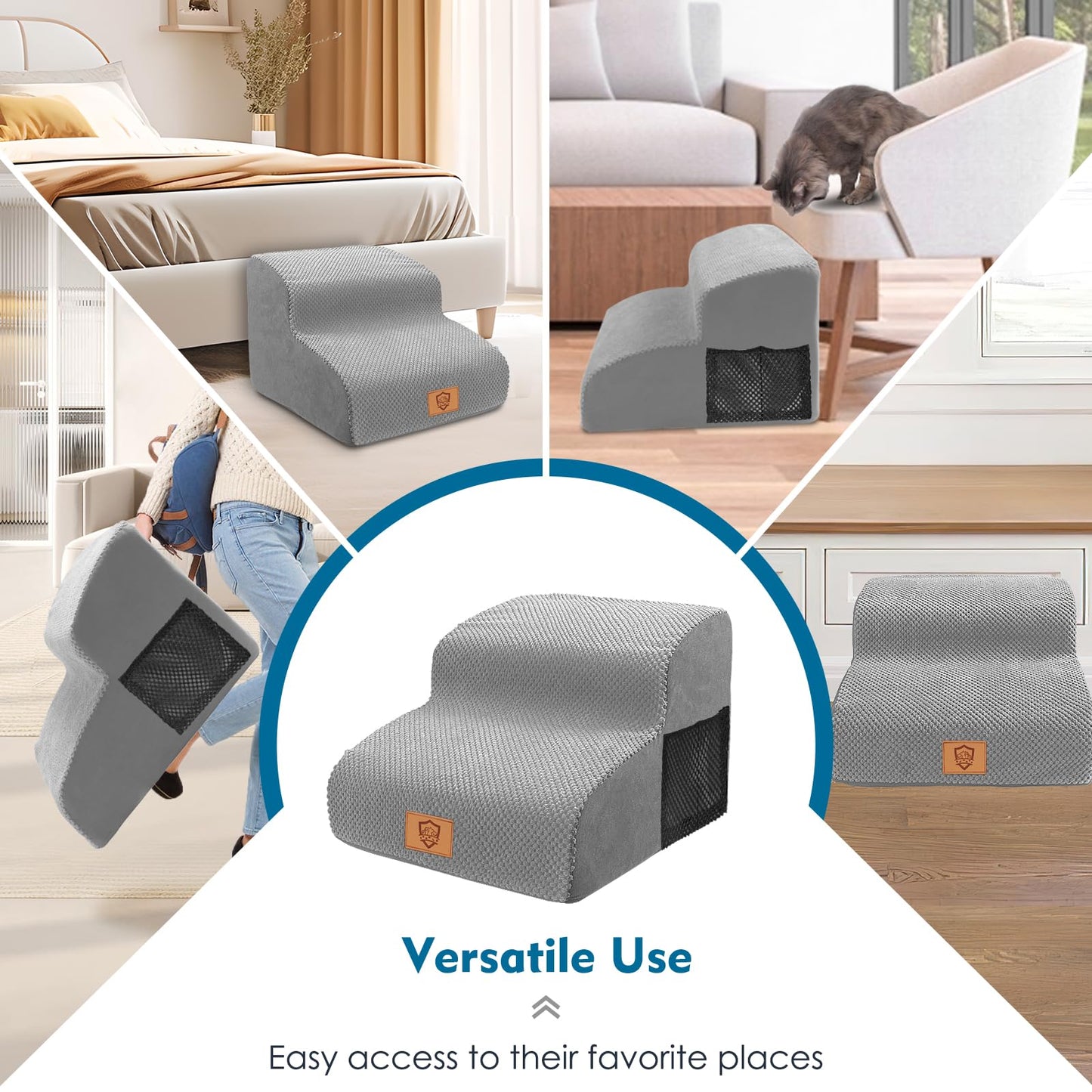 Myiosus Dog Steps for Sofa/Bed, Foam Dog Stairs with Removable Waterproof Cover, Non-Slip Pet Steps for Small Dogs & Cats, Injured Pets up to 50 lbs, 30 cm High Steps for Dogs to Get on the Bed, Grey