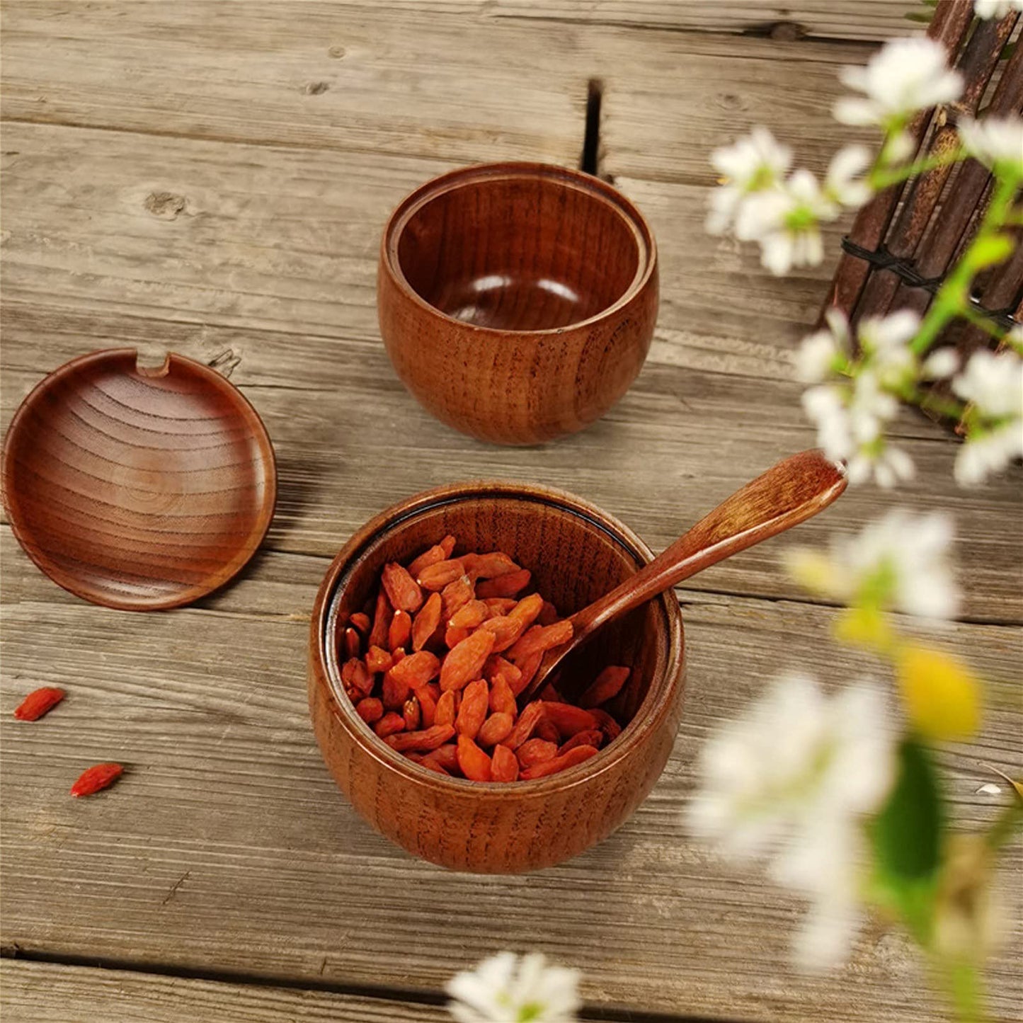 Gsycle Salt Cellar, 2set Spice Jar Spice Box Salt Container Wood Salt Bowl Salt and Pepper Bowls with Lid and Spoon Salt Wooden Bowl with Lid