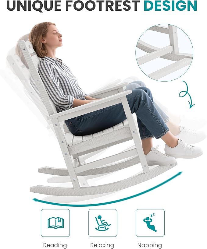 SERWALL Outdoor Rocking Chair Set of 2, Oversized Rocking Chair with Footboard for Adults, HDPE All Weather Resistant Rocking Chairs for Patio, 350lbs Weight Capacity, White