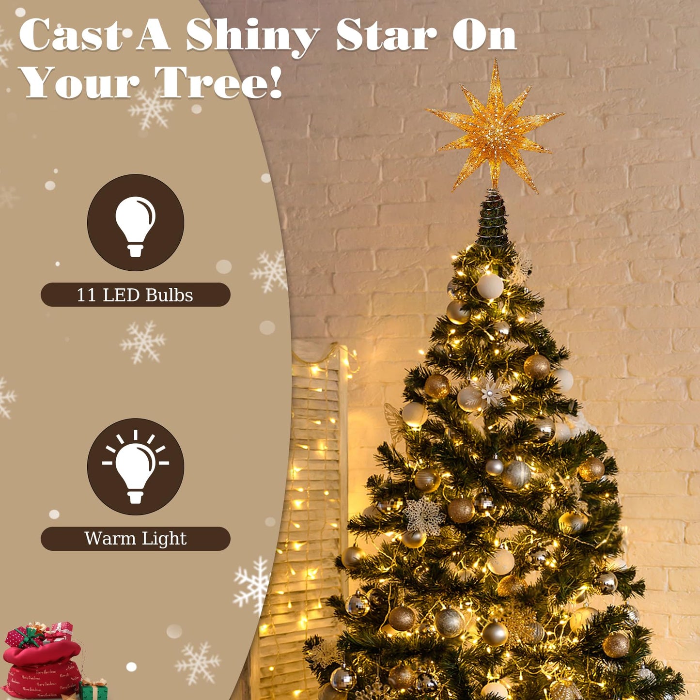 Lewondr Christmas Tree Topper Star, 13inch Xmas Tree Topper with LED Light Beads, Remote & USB Operated 10-Point Star Treetop for Home Christmas Decoration, 6H Timer & 8 Lighting Modes, Gold