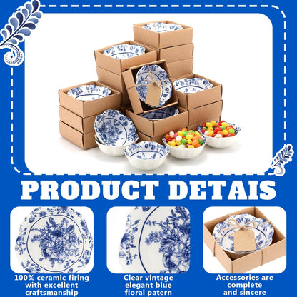 SiliFine 12 Pcs Wedding Favors for Guests Small Ceramic Bowl Bulk Gifts Set 3.3 Inch Floral Design Mini Dipping Sauce Dish with Card Box for Bridal Pooja Baby Shower Birthday (Flower,Blue)