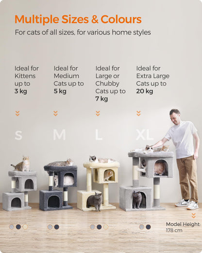 Feandrea Cat Tree, 84 cm Tower, L, Perch Condo for Large Cats up to 7 kg, 2 Caves, Scratching Post, Light Grey PCT61W