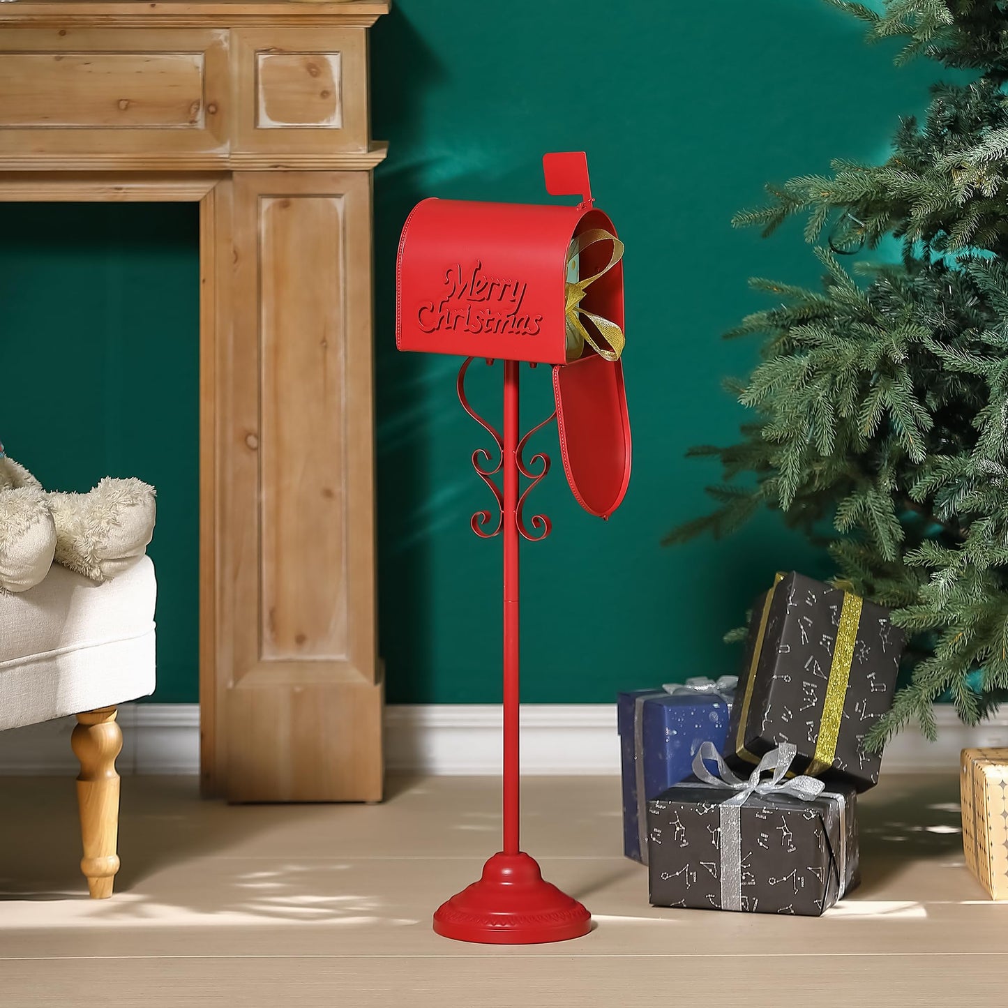 Phaxth Metal Christmas Letters to Santa Mailbox, 37" H North Pole Mailbox Christmas Decorative, for Home Room Xmas Holiday Party Large Capacity Red