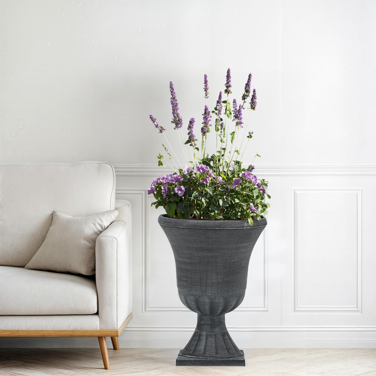 Autodaya 22" Tall Plastic Urn Planters Set of 2, 3D Textured Washed Black Finish Pedestal Plant Pots, Weather-Resistant Large Flower Pots for Front Porch, Patio, Garden & Indoor Use