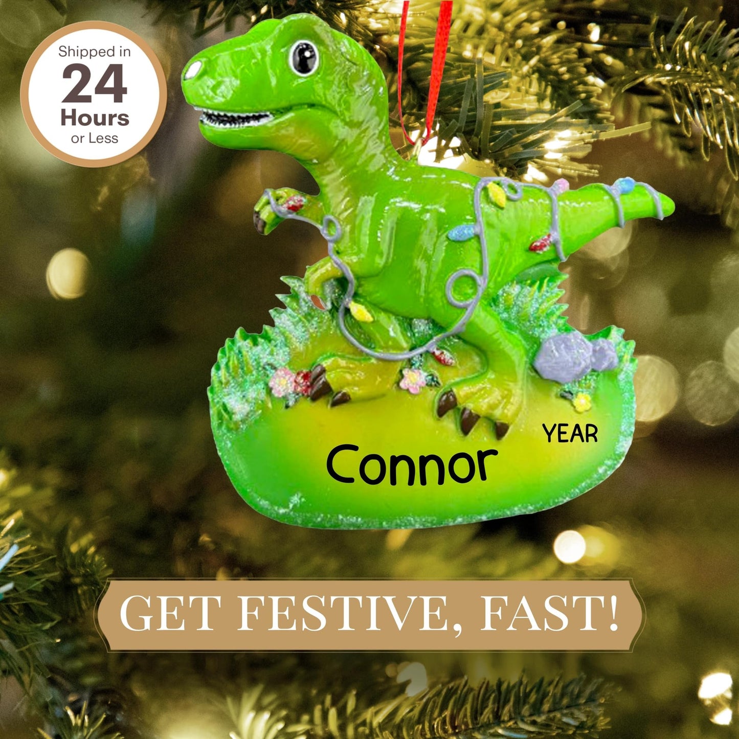 Personalized T-Rex Dinosaur Ornament 2025 | Free 24h Customization | Laser Engraved Kids Christmas Ornaments for Tree | Custom Gift Wrapped Green Dino Keepsake for Toddlers, Girls, Boys 2-10