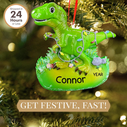 Personalized T-Rex Dinosaur Ornament 2025 | Free 24h Customization | Laser Engraved Kids Christmas Ornaments for Tree | Custom Gift Wrapped Green Dino Keepsake for Toddlers, Girls, Boys 2-10