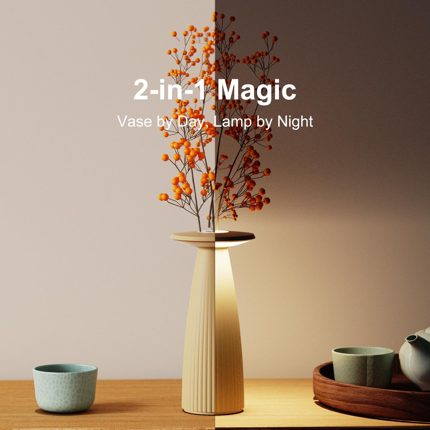 UBIQUA 2-in-1 Cordless Table Lamp - Flora MINI, Vase Lamp with Magnetic Charging, Dimmable & Adjustable Lighting, IP65 - Rechargeable LED Lamp for HoReCa, Living Room, Outdoor Use (Sand)