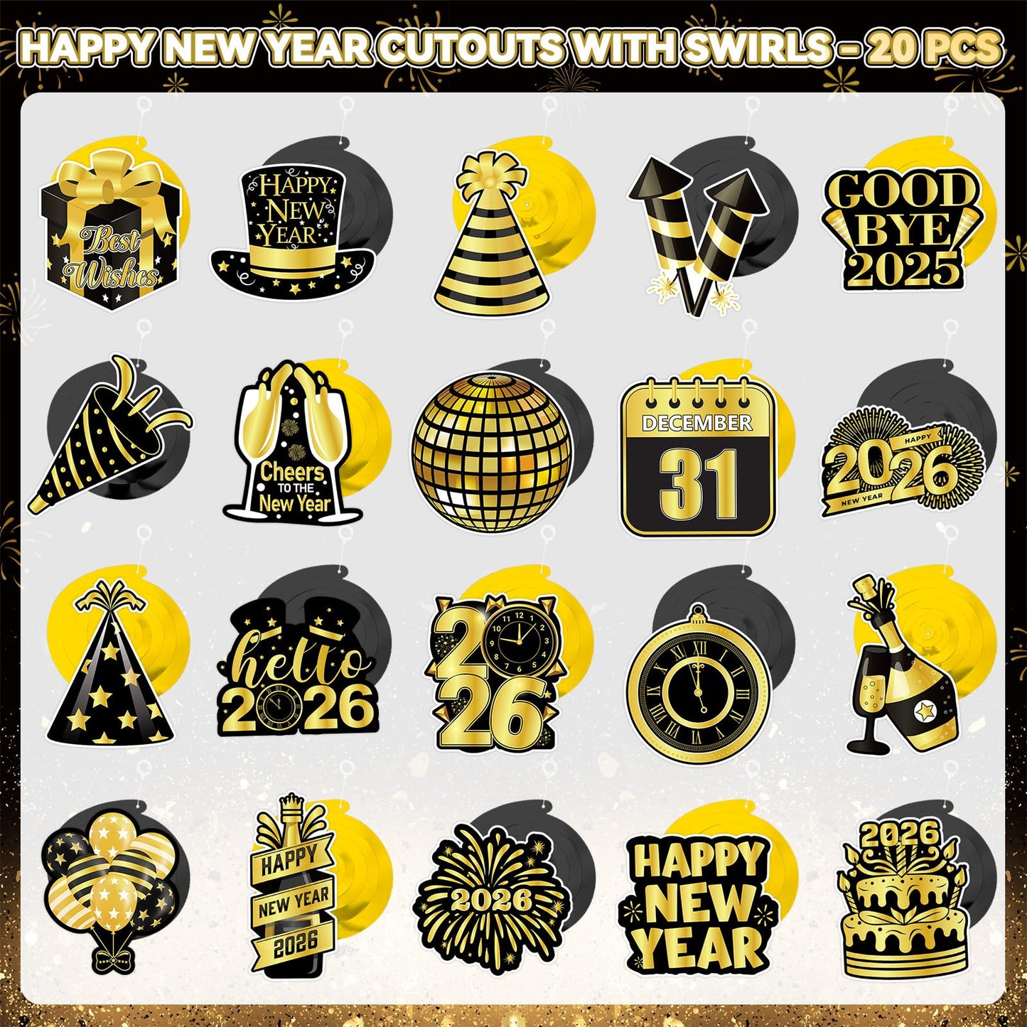 40Pcs Happy New Year Decorations Hanging Swirls, Black and Gold Happy New Year Hanging Swirls Ceiling Decor for New Year's Eve Party Decorations Supplies 2026