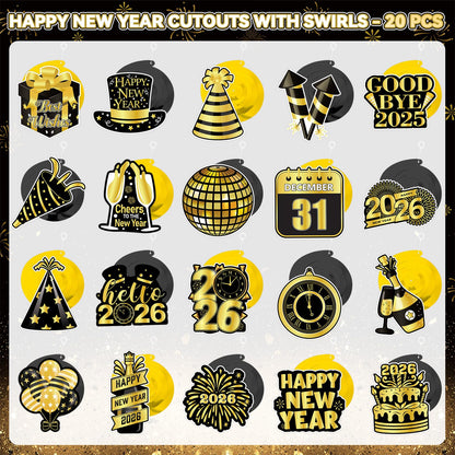 40Pcs Happy New Year Decorations Hanging Swirls, Black and Gold Happy New Year Hanging Swirls Ceiling Decor for New Year's Eve Party Decorations Supplies 2026