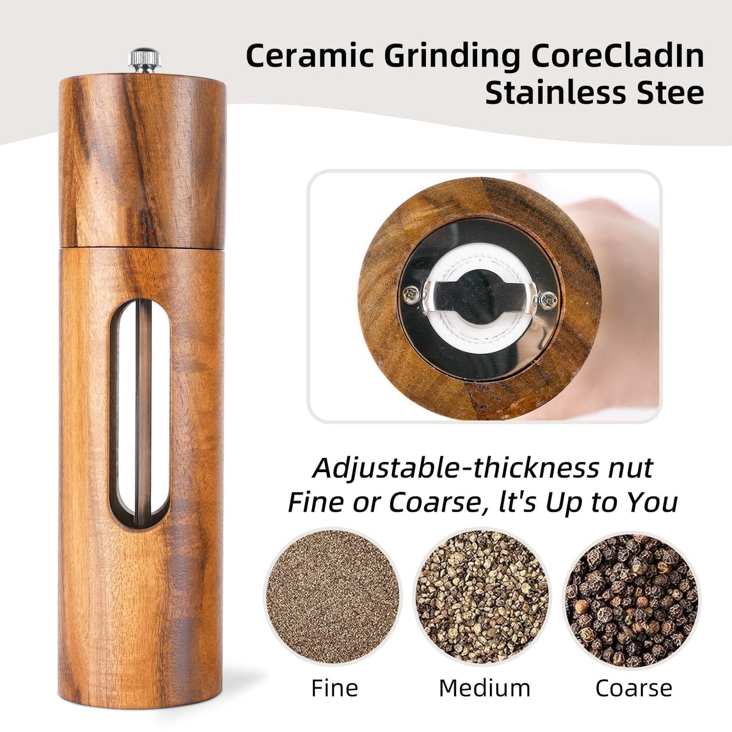 Acacia Wood Salt and Pepper Grinder Set with Base, Refillable Wooden Pepper & Salt Mill with Adjustable Ceramic Grinder for Kitchen & Dining,Durable Manual Salt Grinder
