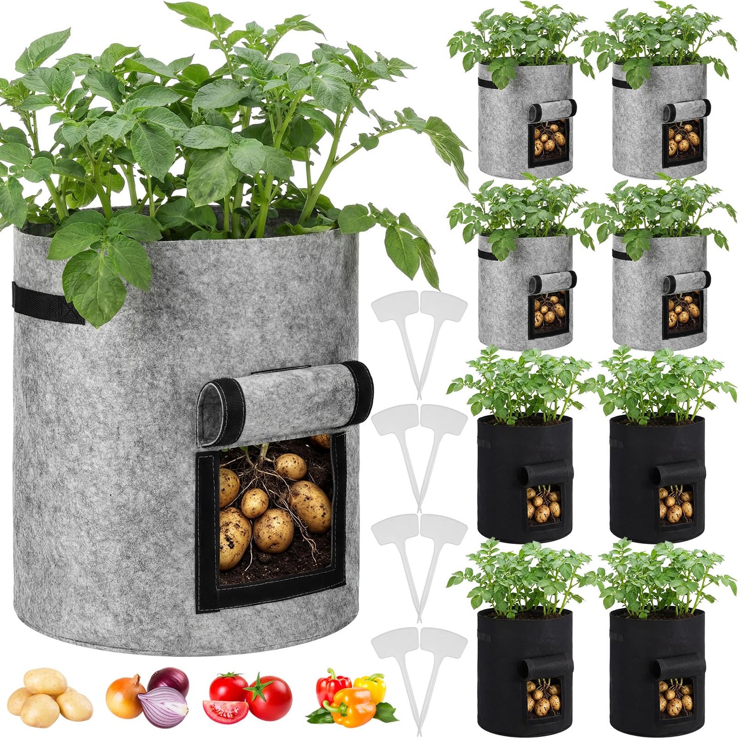 Yoojahow 8 Pcs 15 Gallon Potato Grow Bags Garden Planting Bag Vegetable Grow Bags with Flap and Handle Thickened Nonwoven Fabric Pots Thick Fabric Garden Containers for Potato Tomato Vegetables
