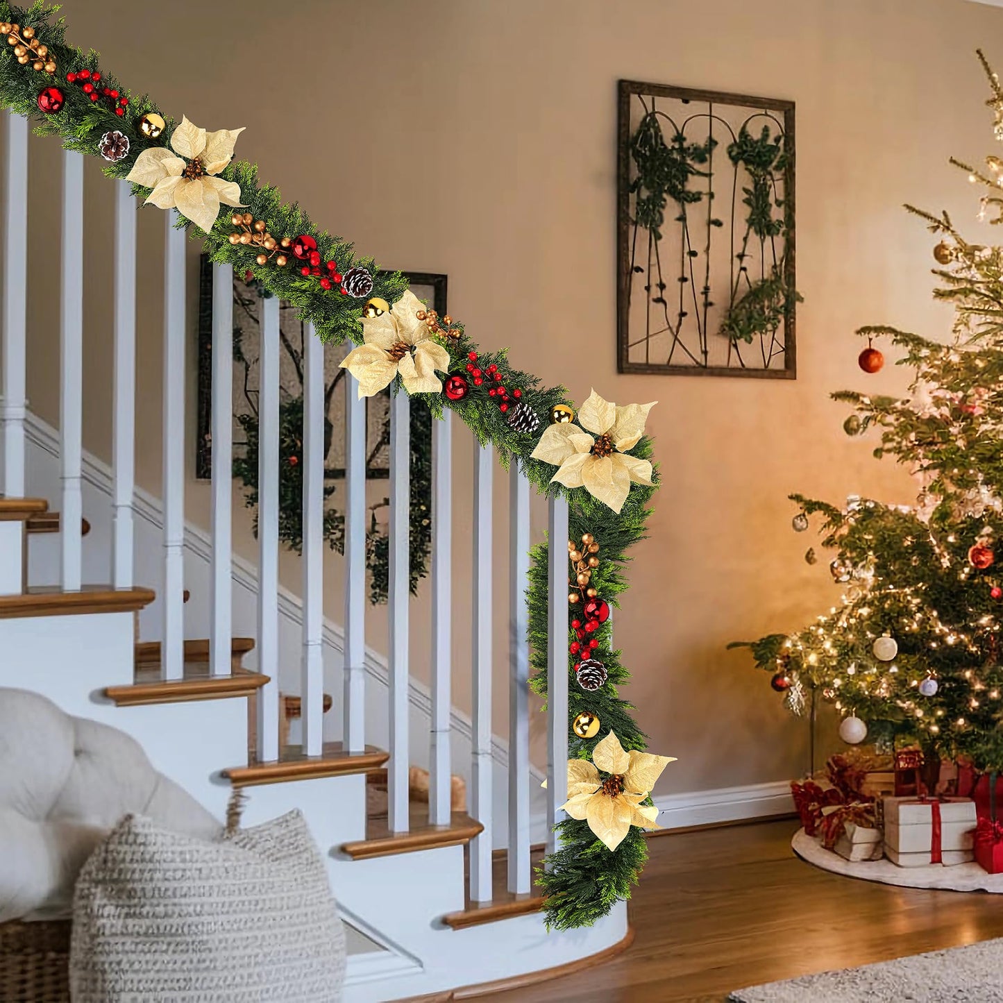 Real Touch Cedar Garland for Home, Thicken Cypress Green Artificial Greenery Garlands, 6FT Realistic Pine Garland with Flowers Berries Pinecones Balls, Cedar Garlands for Christmas in July Decorations