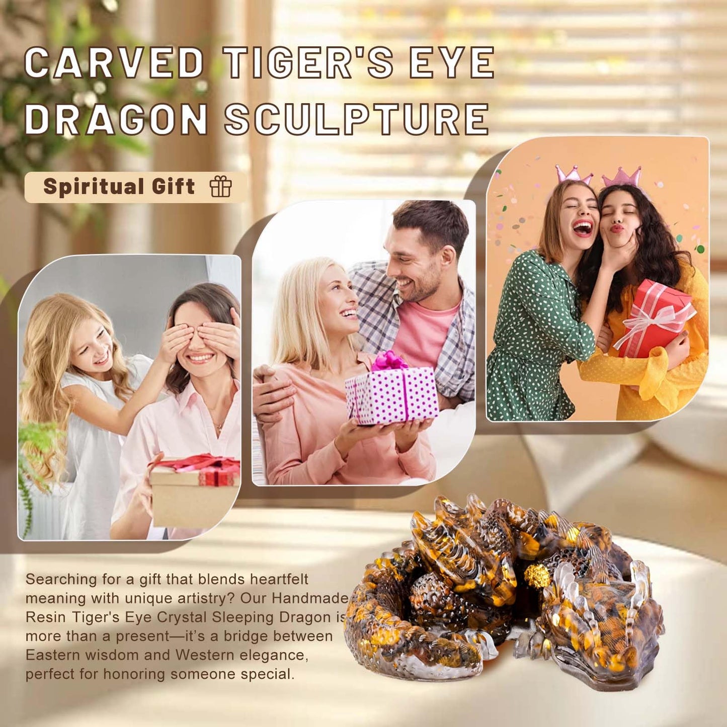 RJINGSHI Crystal Dragon Ornament, Natural Crushed Stone Resin, Home Table Decor Gift (Tiger's Eye)
