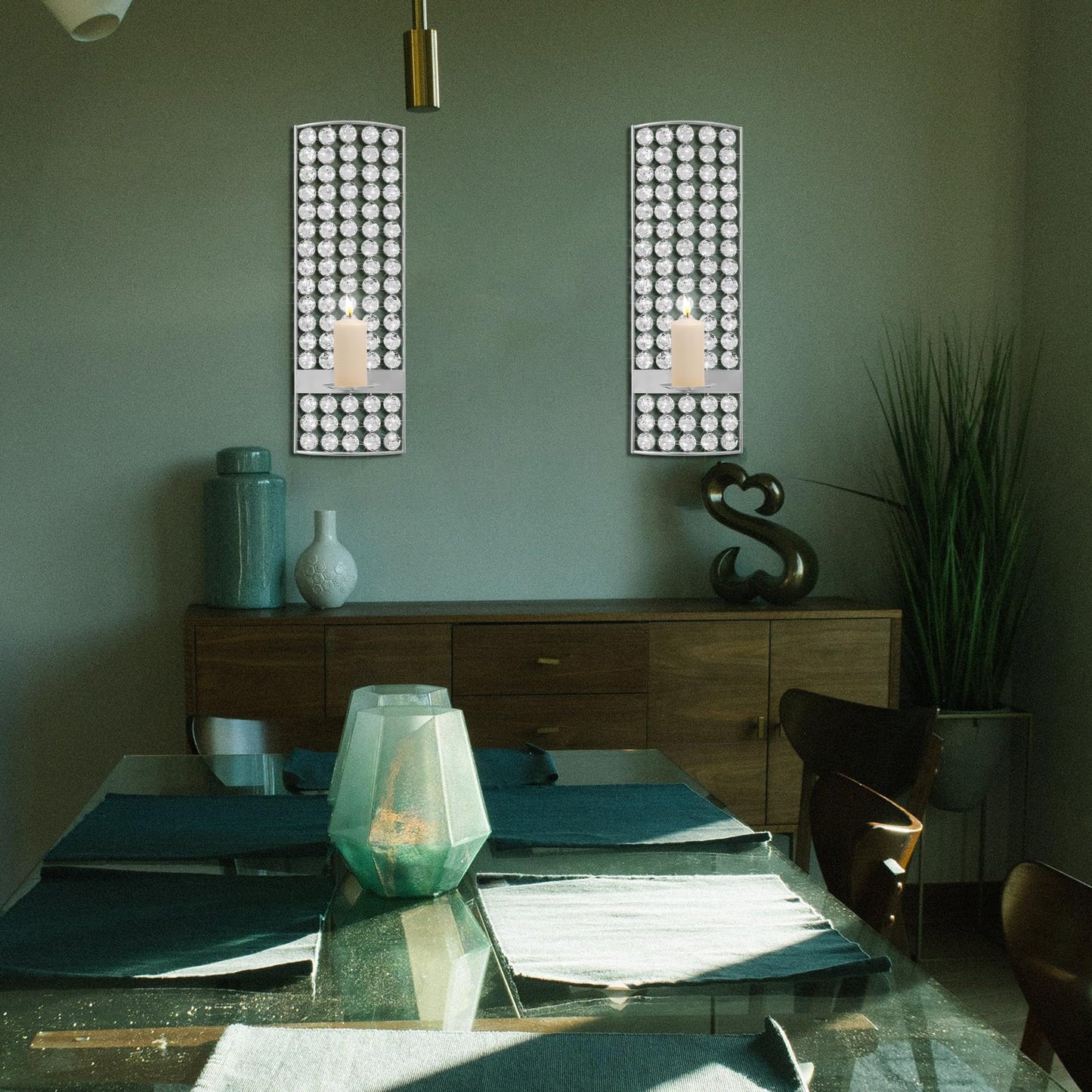 Sxnzequnze 2 Set Glam Wall Candle Sconces for Home Decor Living Room Bedroom Dining Room Metal Bling Crystal Candle Wall Sconce with Diamond Gem Decor - Silver 16.5in/5.9in