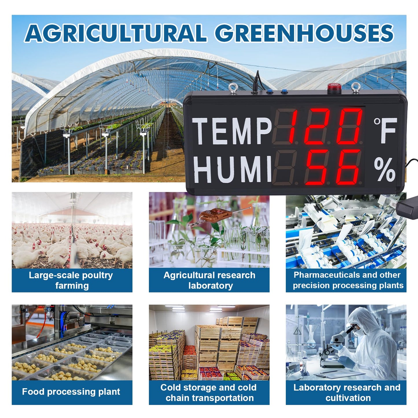 JIAWANSHUN 4" Large LED Thermometer Hygrometer with High Brightness Red Display, High Accuracy (-40°F~248°F / 0-100% RH), Features Custom Alarm & Wide Voltage for Industrial, Greenhouse & Farm Use