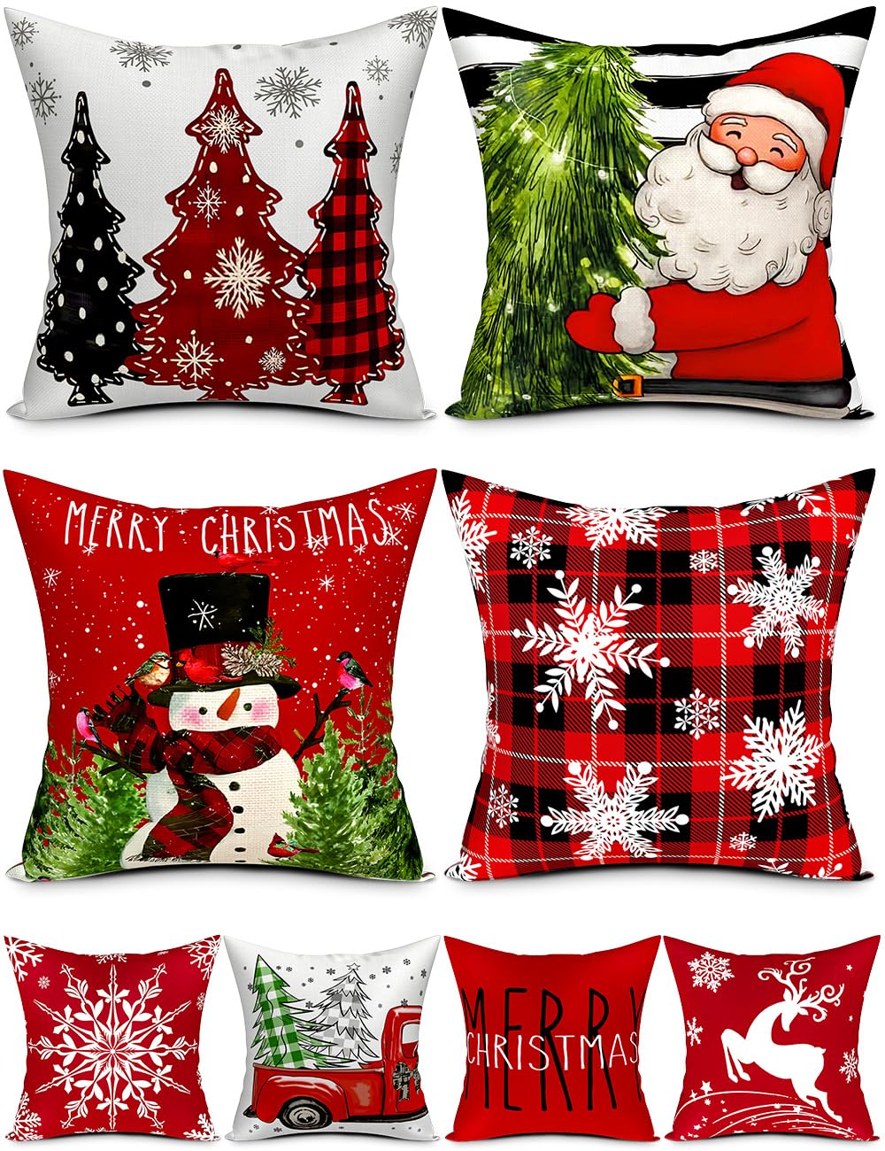 Double-Sided Print Christmas Pillow Covers 16''x16'', Set of 4, 8 Christmas Patterns Christmas Tree, Snowman, Snowflakes, Merry Christmas, Deer, Santa Claus,Truck, Let It Snow, Soft Linen Material