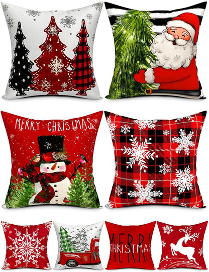 Double-Sided Print Christmas Pillow Covers 16''x16'', Set of 4, 8 Christmas Patterns Christmas Tree, Snowman, Snowflakes, Merry Christmas, Deer, Santa Claus,Truck, Let It Snow, Soft Linen Material