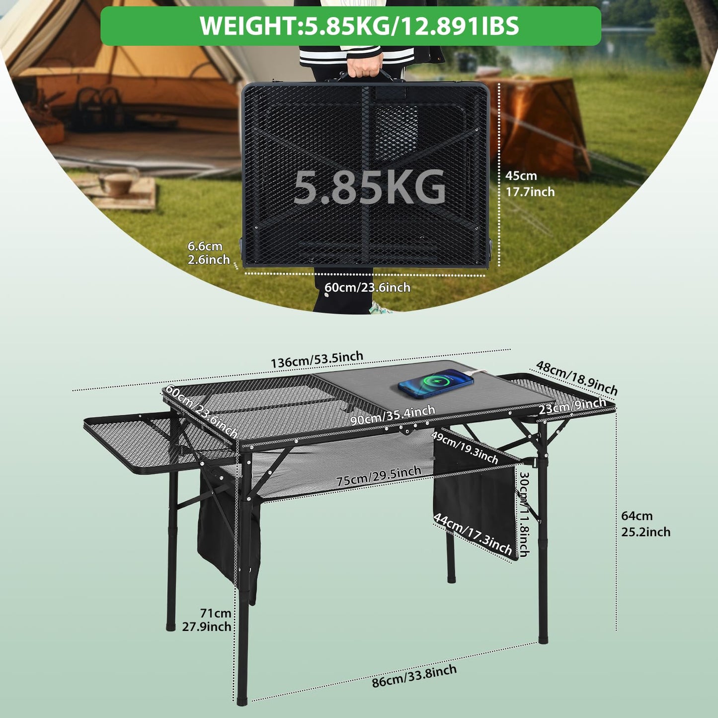 Nice C Camping Table, Ourdoor Folding Grill Table, Tailgate Tables, Solar Panel Tables with USB Type-C&DC Charging Cable, 42W Portable Solar Charger, 2 Side Shelves, with Mesh Net&Cup Holders