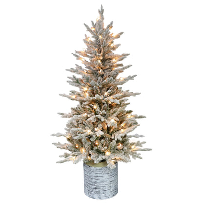 Puleo International 4.5ft Pre-Lit Potted Flocked Arctic Fir Christmas Tree with 70 Clear Lights, 419 Realistic Dense Snow Flocked Branch Tips, Easy Setup Artificial Trees with Sturdy Stand