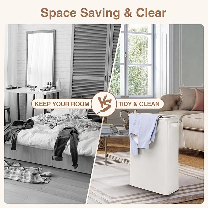 Slim Laundry Basket with Lid and Handles, Foldable Laundry Basket