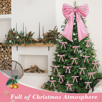 17x23 Inch Large Pink Bow for Christmas Tree Topper Christmas Tree Decoration Set: 24 Small Velvet Bows, 1 Pcs Big Tree Topper Bow, 3000 Strands of Tinsel Icicles for Holiday Decor (Pink)
