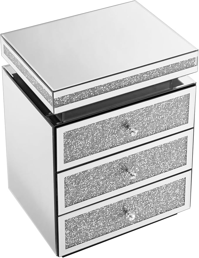 Mirrored Nightstand with 3 Drawers, Mirror End Table, Modern Bedside Table