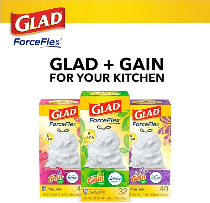 Glad ForceFlex Trash Bags 13 Gallon Gain Lemon Zest | Tall Kitchen | Drawstring