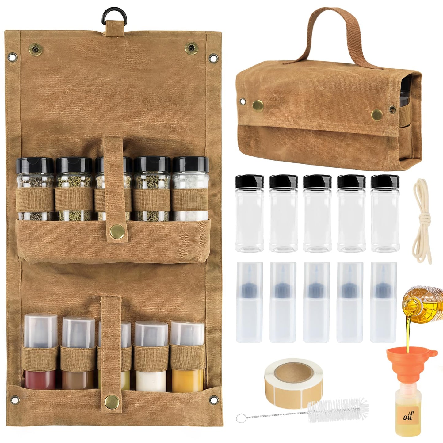 Portable Camping Spice Jars Organizer Kit for Travel, Canvas Seasoning Storage Bag Organizer with 5 Spice Bottles for Salt/Pepper, 5 Oil Spray, Condiment Container Set for BBQ, Hiking, Picnics