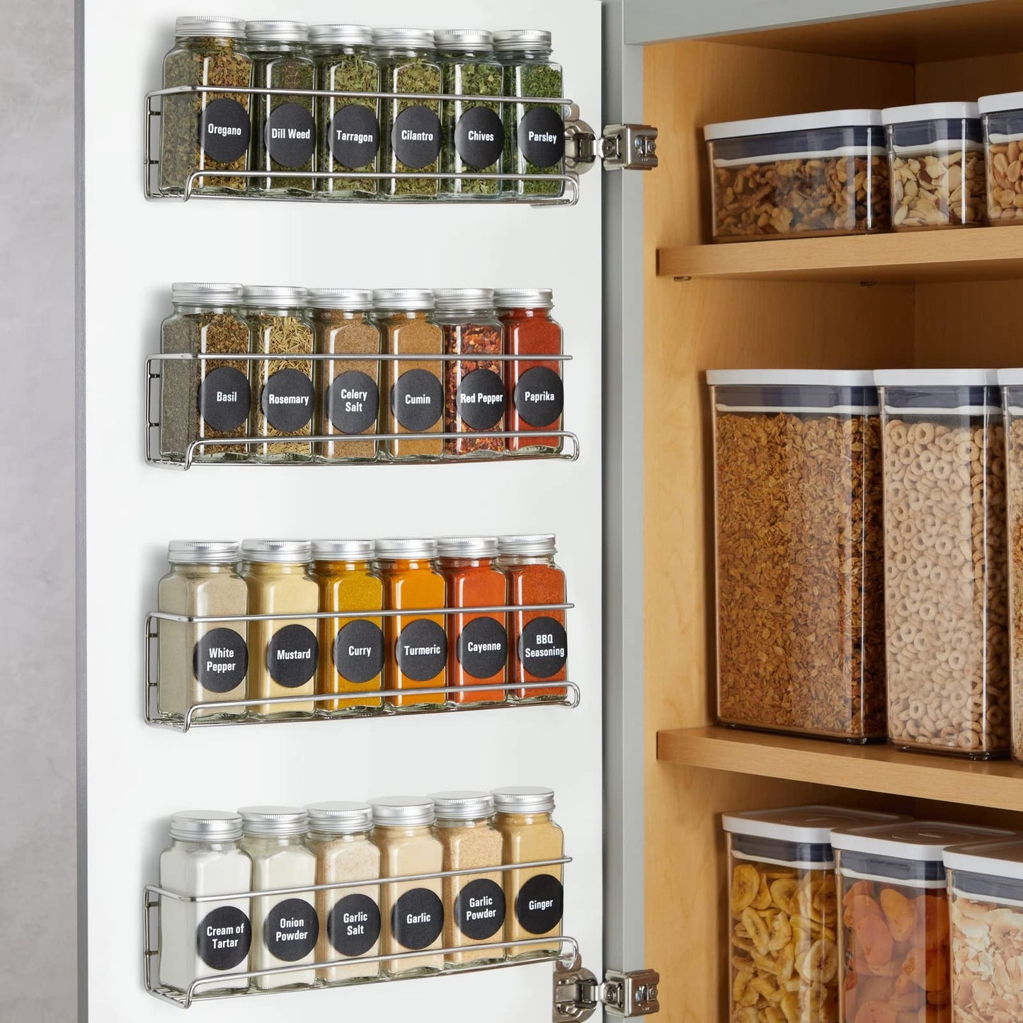 Talented Kitchen Spice Rack Organizer - 4 Stainless Steel Wall-Mounted Racks - 24 4 oz Glass Jars & 269 Preprinted Labels, Chrome - Kitchen & Cabinet Seasoning Organizer for Space Saving Spice Storage